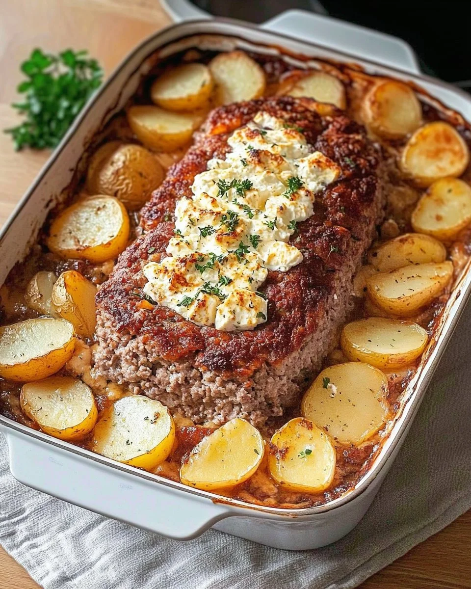 Fleischkäse mit Kartoffeln und Schafskäse