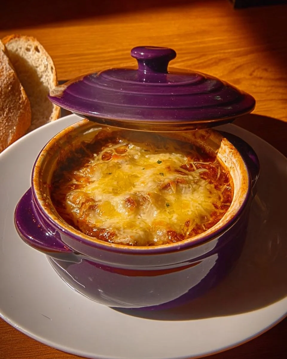 Schüssel mit traditioneller Französischer Zwiebelsuppe, garniert mit Käse