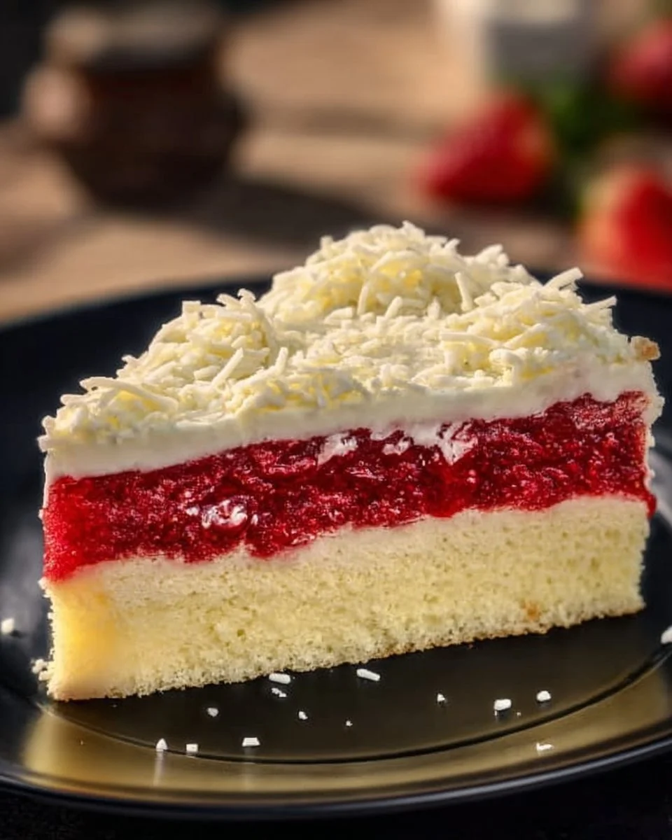 Frau Holle Kuchen mit Sahne und Früchten auf einem Teller serviert
