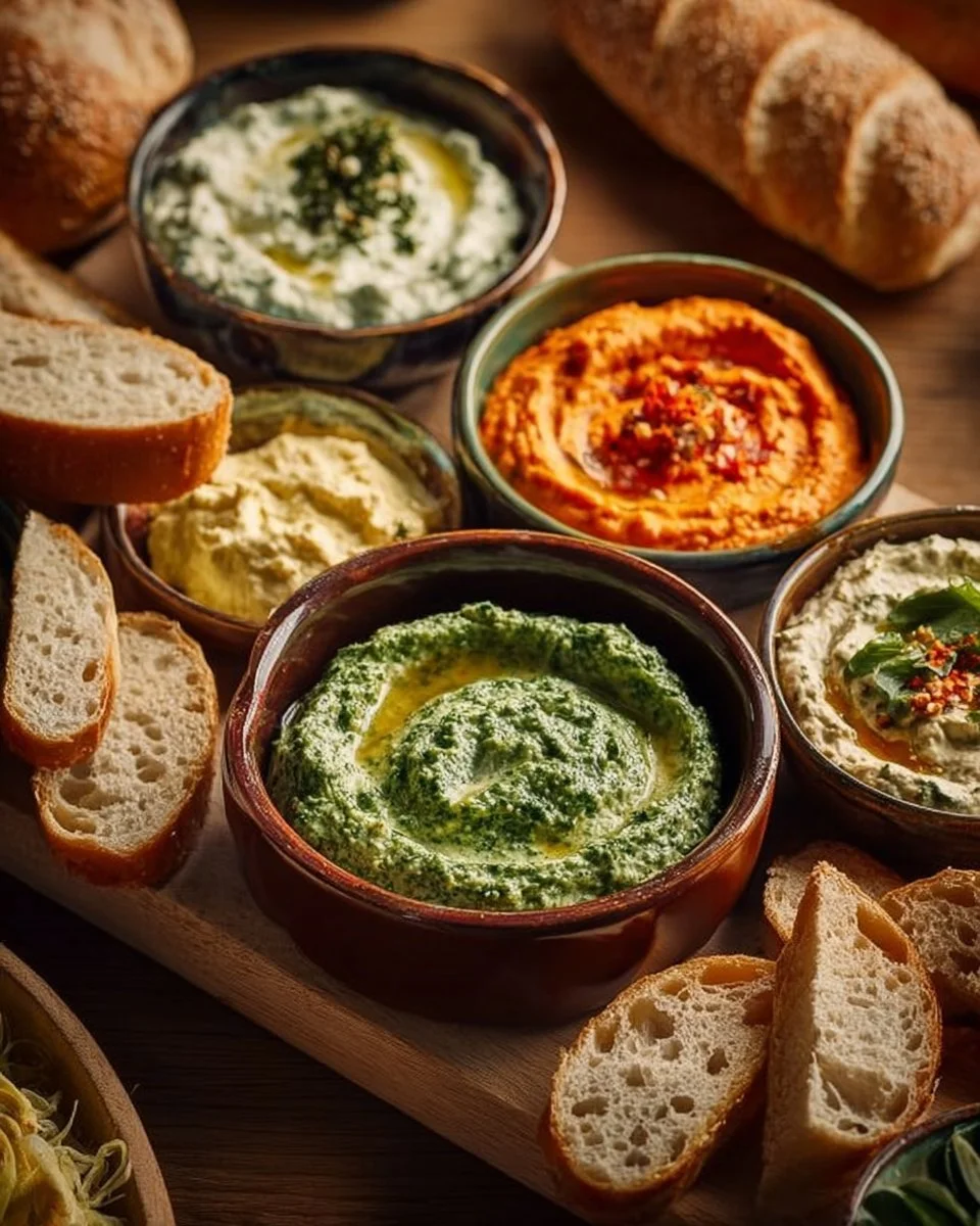 Frische Kräuter Dips in verschiedenen Schalen auf einem Tisch