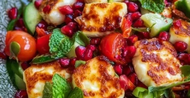 Frischer Halloumi-Granatapfel-Salat mit frischen Zutaten und ansprechender Präsentation.
