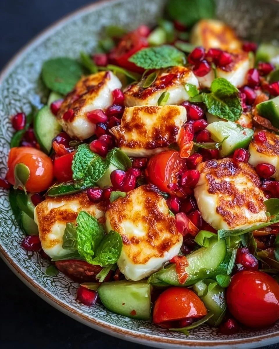 Frischer Halloumi-Granatapfel-Salat mit frischen Zutaten und ansprechender Präsentation.