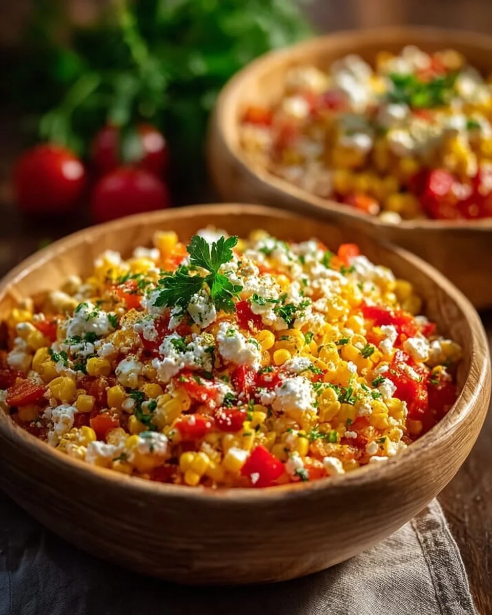 Frischer Paprika-Mais-Salat mit Feta-Dressing auf einem bunten Teller