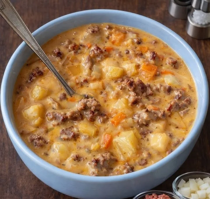 Schüssel mit friss-dich-dumm-Suppe, gesund und schmackhaft