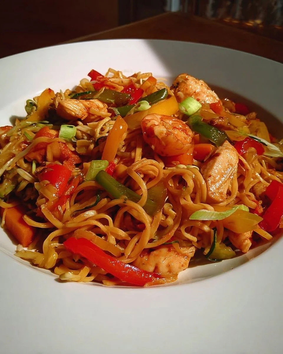 Frittierte chinesische Nudeln auf einem Teller mit Soße