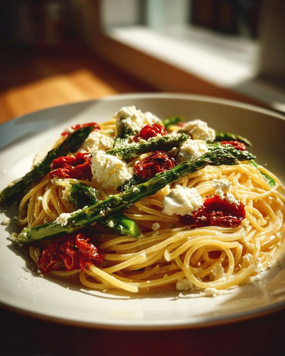Spargel Pasta mit Ricotta und Kirschtomaten auf einem Teller serviert.