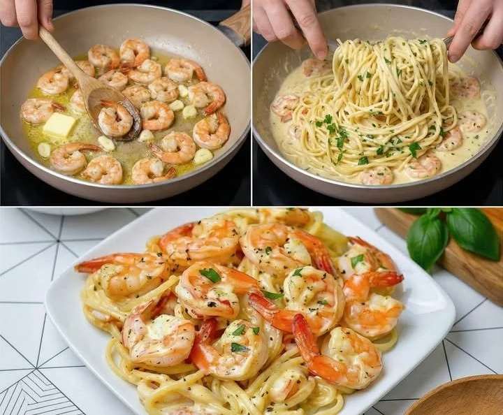 Garnelen-Spaghetti in cremiger Knoblauch-Frischkäsesauce auf einem Teller