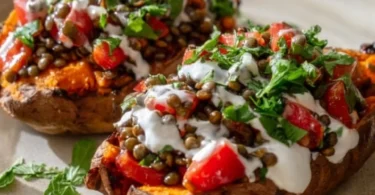 Gebackene Süßkartoffeln mit einem bunten Linsen-Salat serviert