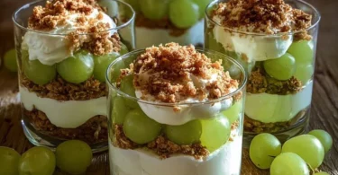 Gestapeltes Dessert mit frischen Trauben auf einem Teller