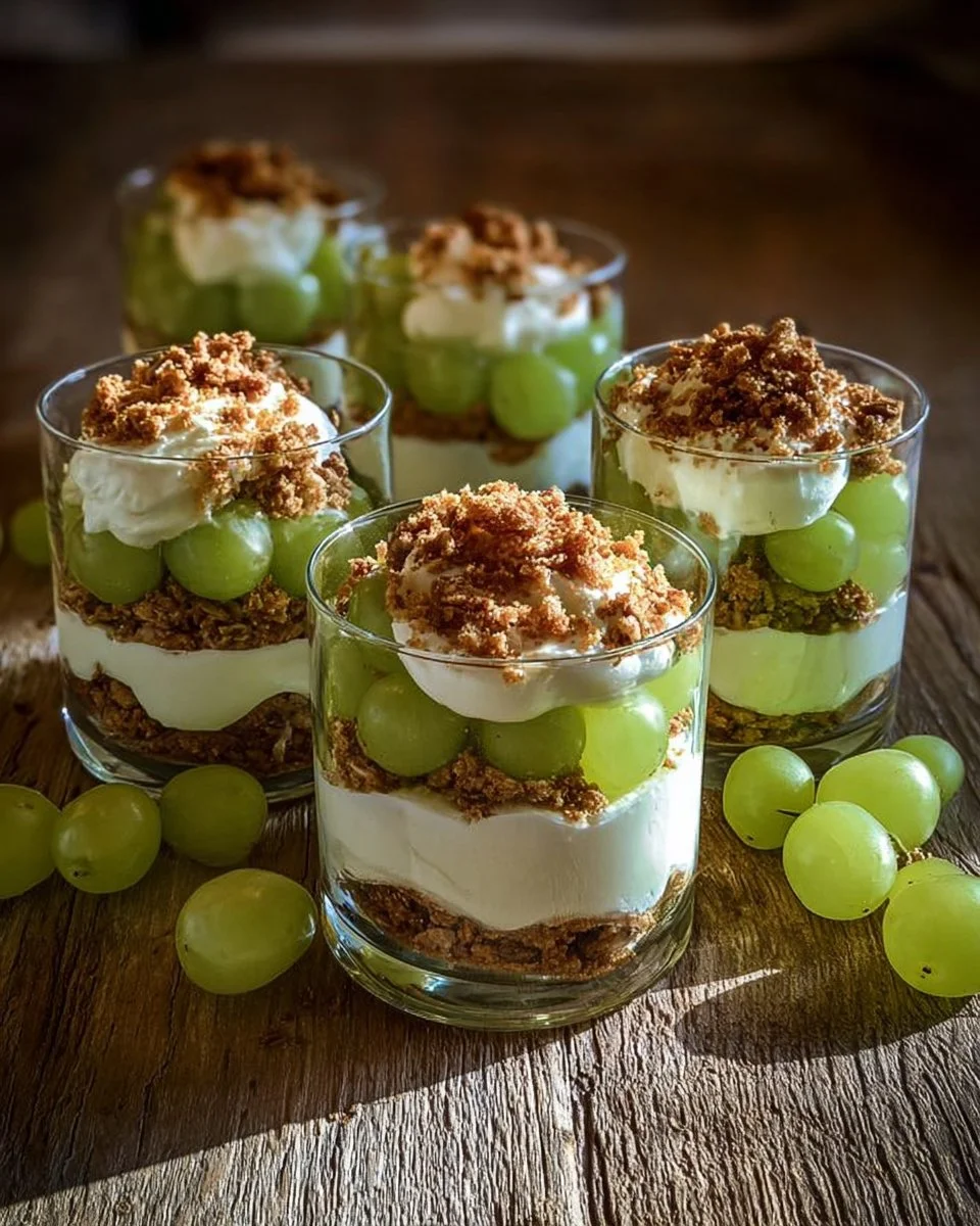 Gestapeltes Dessert mit frischen Trauben auf einem Teller