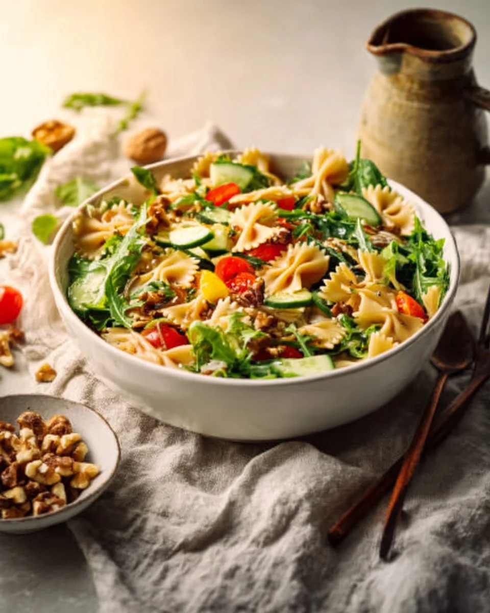 Gesunder Nudelsalat mit Joghurtdressing in einer Schüssel