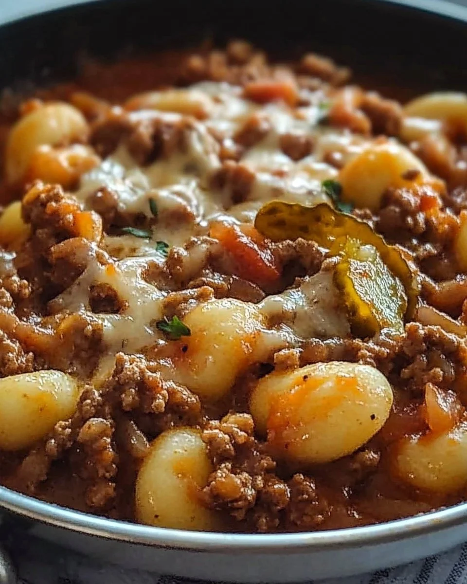 Gnocchi Cheeseburger Pfanne mit schmelzendem Käse und saftigem Patty