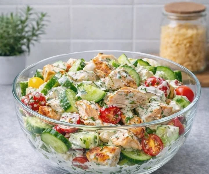 Leckerer Griechischer Hähnchen-Tzatziki-Salat mit frischem Gemüse und Kräutern