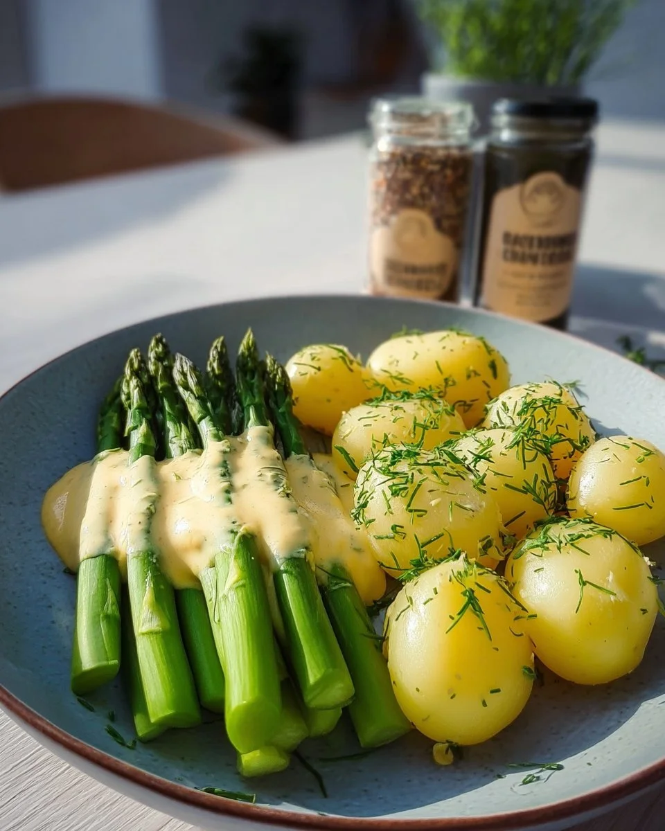 Grüner Spargel mit Hollandaise und Kartoffeln