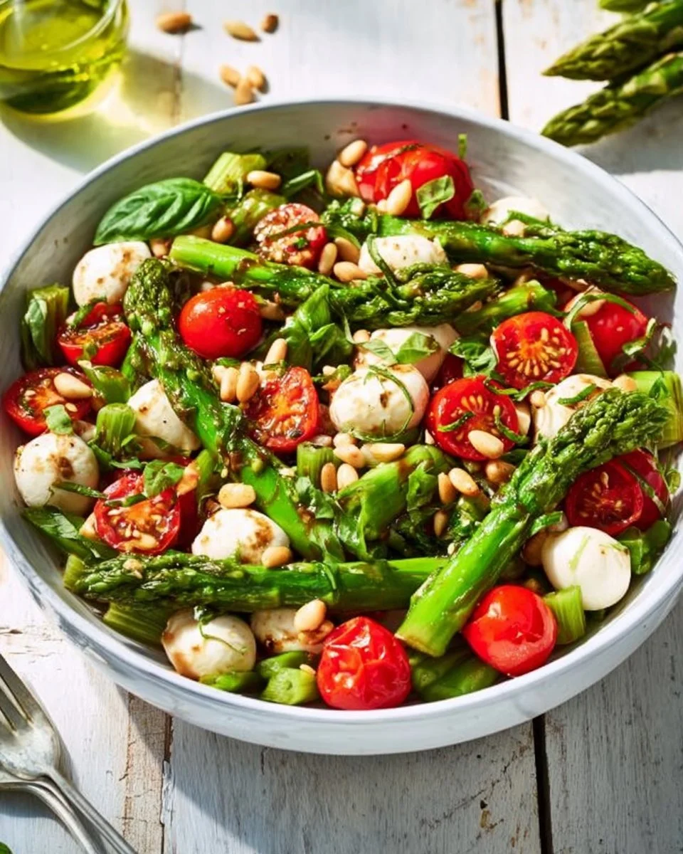 Grüner Spargel Salat mit Tomaten und Mozzarella auf einem Teller angerichtet