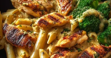 Hähnchen-Brokkoli-Pasta Gericht auf einem Teller serviert