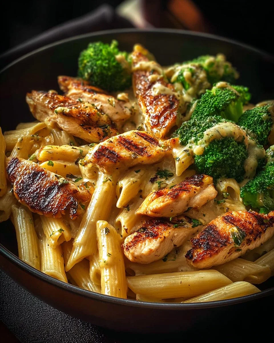 Hähnchen-Brokkoli-Pasta Gericht auf einem Teller serviert