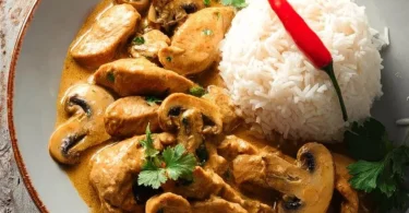 Hähnchen-Pfanne im Jägerstil mit frischen Zutaten und Gewürzen