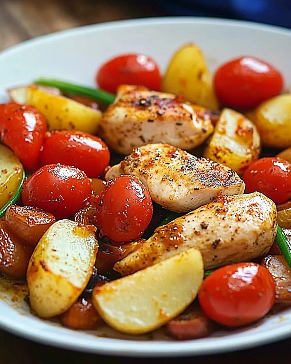 Hähnchenbrustfilet mit Country-Kartoffeln auf einem Teller serviert