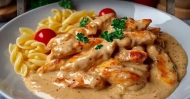 Hähnchenstreifen mit Nudeln in Sahnesauce auf einem Teller angerichtet.