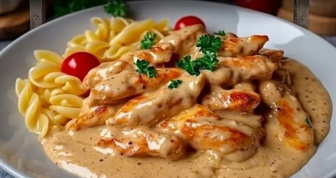 Hähnchenstreifen mit Nudeln in Sahnesauce auf einem Teller angerichtet.