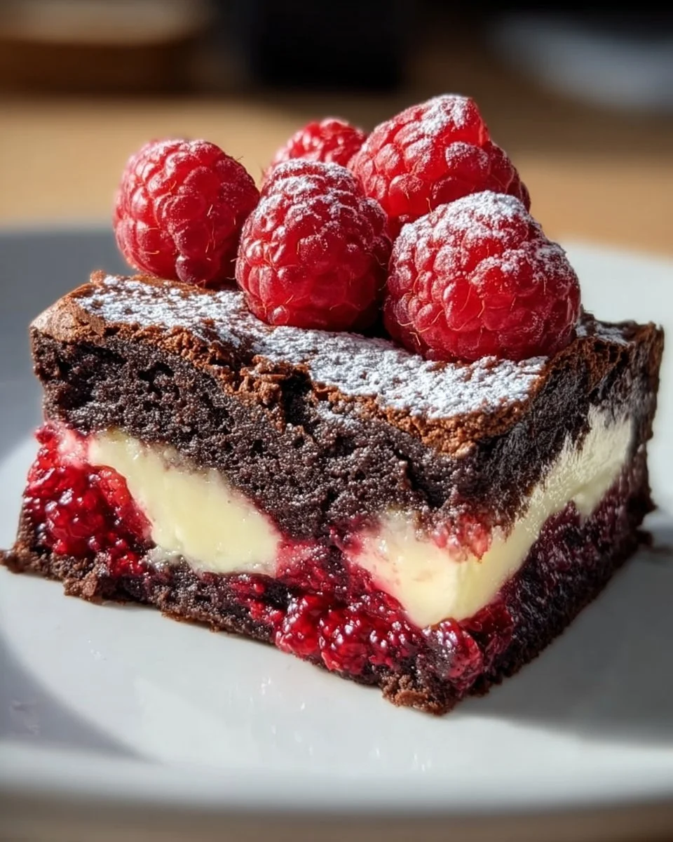 Himbeer-Brownie-Käsekuchen mit frischen Himbeeren und Schokoladenschicht