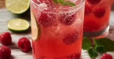 Erfrischende Himbeerlimonade ohne Zucker in einem Glas mit frischen Himbeeren