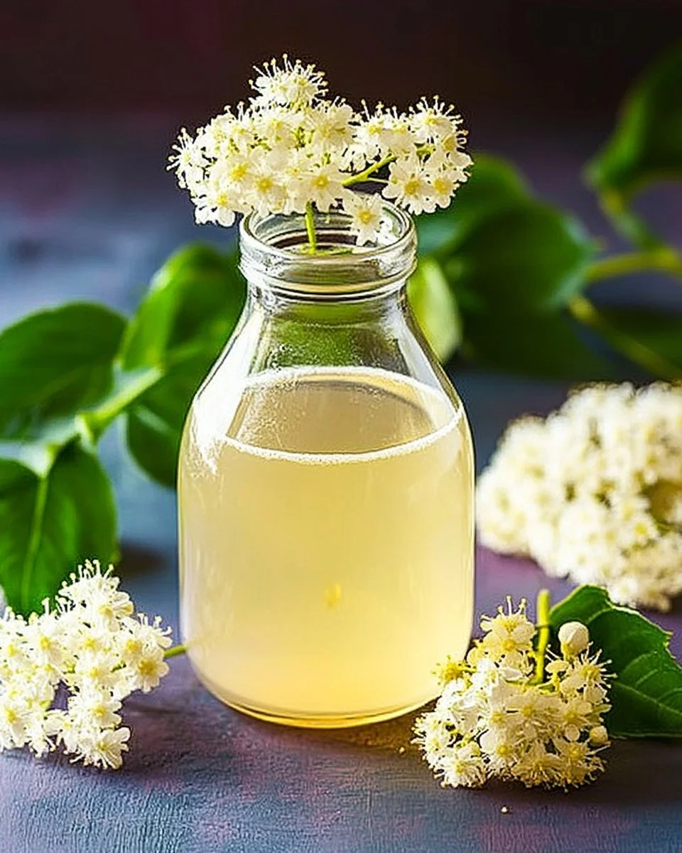 Flasche Holunderblütensirup mit frischen Holunderblüten und Zitronenscheiben