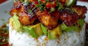 Honig-Limetten-Hühnchen serviert mit Avocado-Reis auf einem Teller