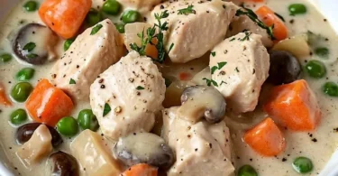 Hühnchen mit Gemüse und Sahnesauce auf einem Teller serviert