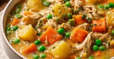 Hühnchen-Pot-Pie-Suppe in einem Teller, garniert mit frischen Kräutern.
