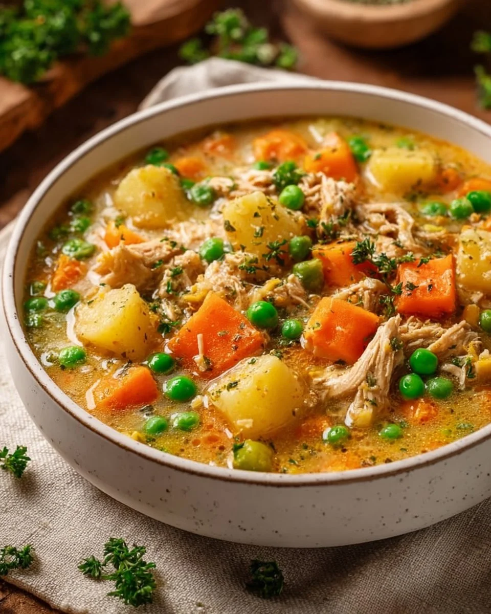 Hühnchen-Pot-Pie-Suppe in einem Teller, garniert mit frischen Kräutern.
