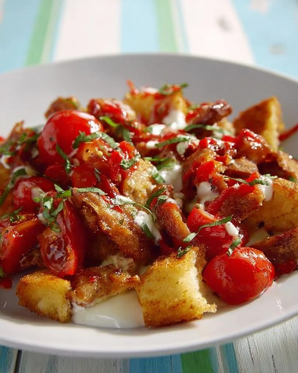 Iskender Kebab mit Joghurt und Tomatensauce auf einem Teller serviert