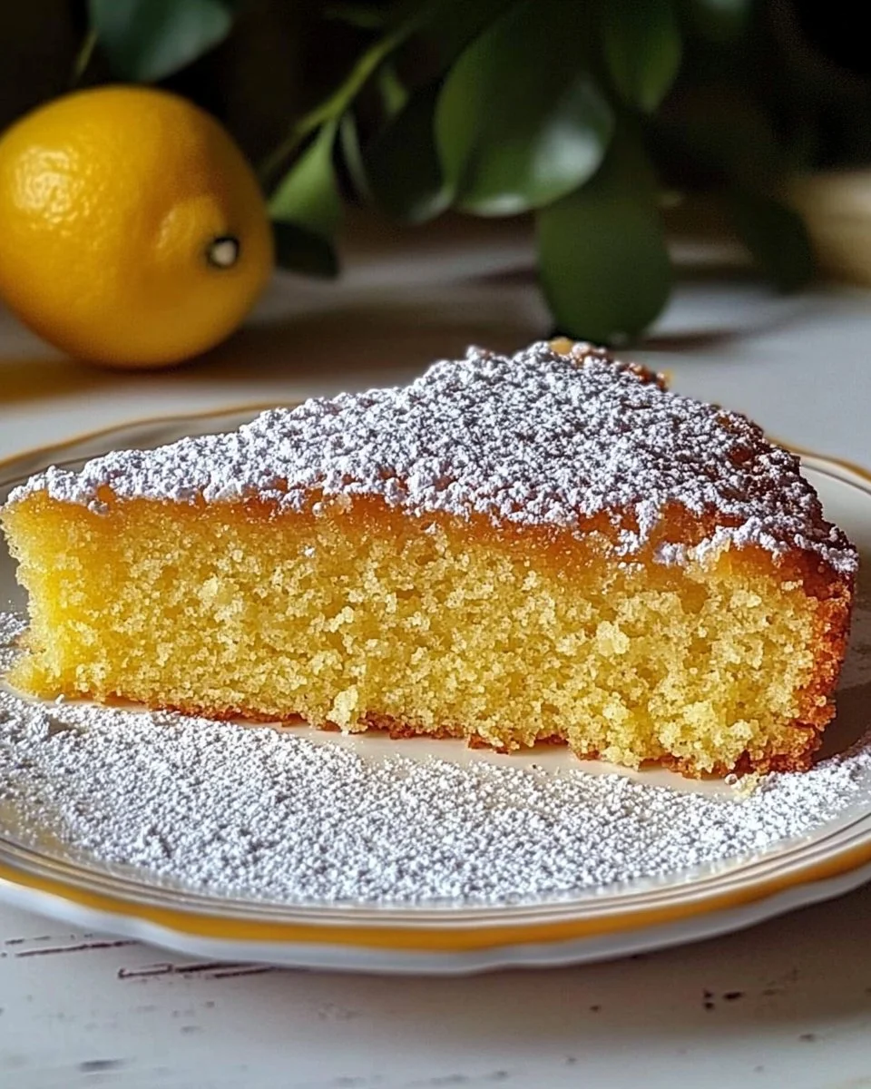 Italienischer Zitronenkuchen auf einem Teller, dekoriert mit Zitronenscheiben