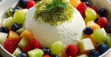 Köstliche Joghurt-Bombe mit frischen Früchten und Sahne garniert