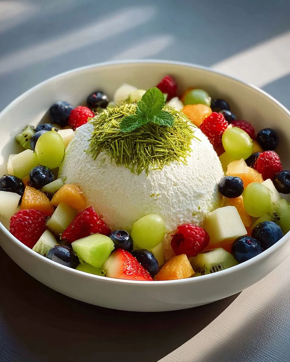 Köstliche Joghurt-Bombe mit frischen Früchten und Sahne garniert