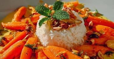 Leckeres Karotten-Bananen-Ragout serviert mit Nussreis
