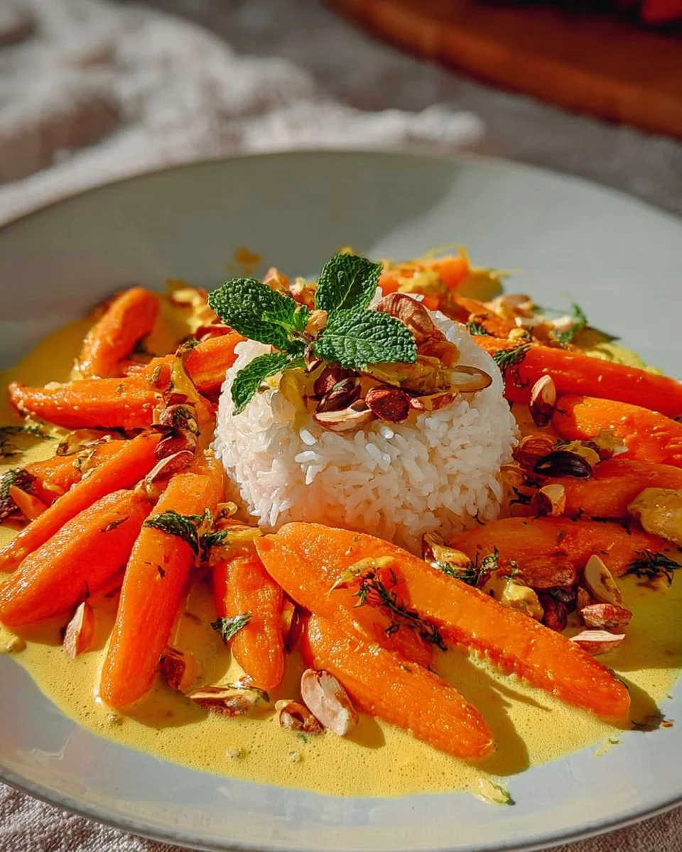 Leckeres Karotten-Bananen-Ragout serviert mit Nussreis
