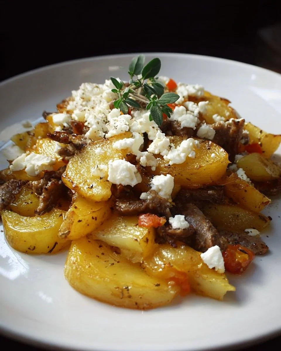 Leckere Kartoffel Gyros Pfanne mit knusprigen Kartoffeln und würzigen Zutaten.