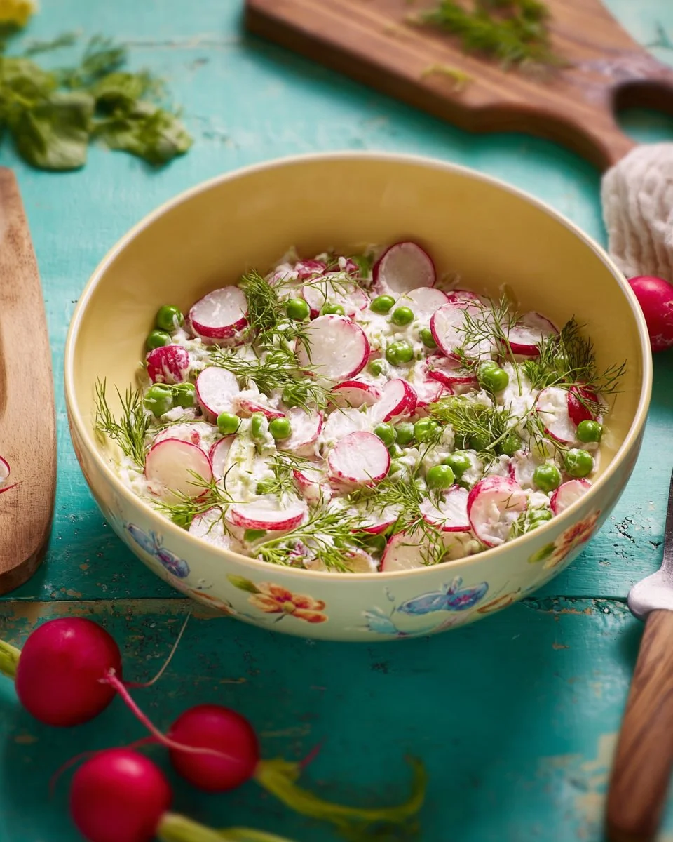 Kartoffelsalat mit Radieschen auf einem Teller angerichtet