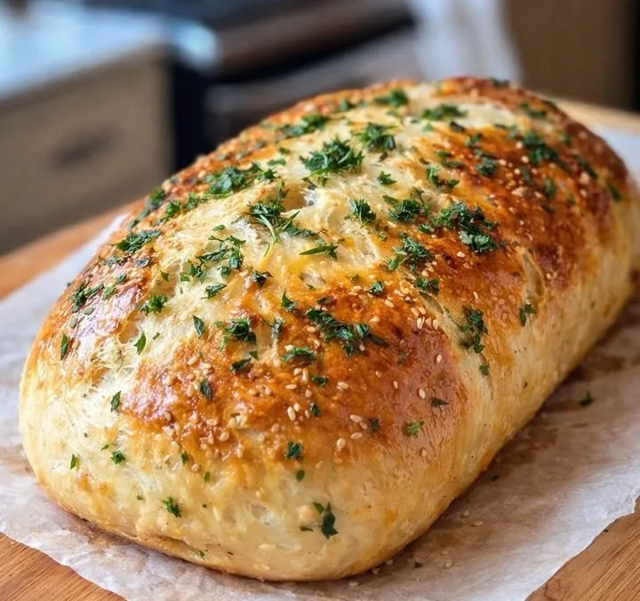 Knoblauchbrot ohne Kneten auf einem rustikalen Holzbrett serviert.