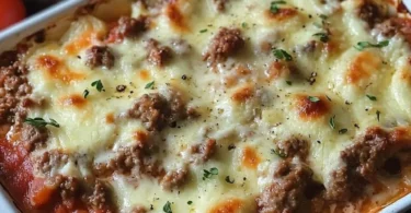 Kohlrabi Hackfleischauflauf mit Käseüberbacken in einer Auflaufform