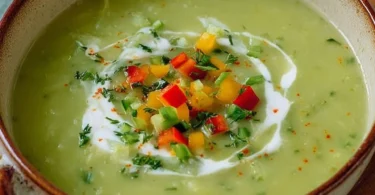 Schüssel mit köstlicher Kohlrabi Kartoffelsuppe, dekoriert mit frischen Kräutern.