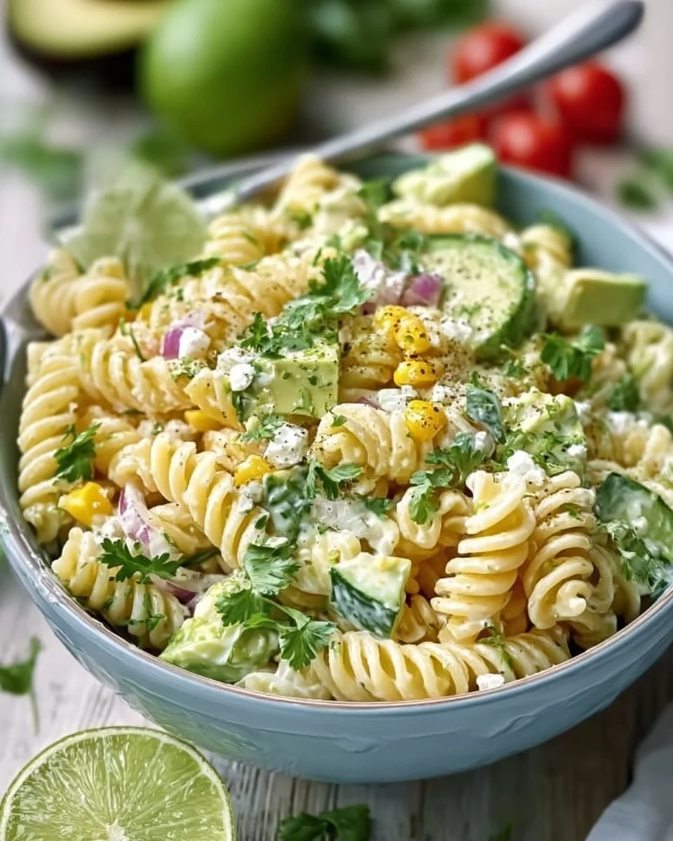 Koriander und Limetten Pasta-Salat in einer Schüssel serviert.