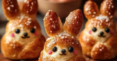 Laugenstangen-Hasen mit Karotten-Creme auf einem Teller