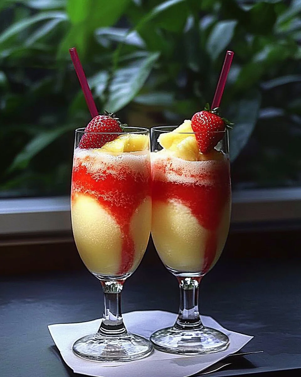 Lava Flow Cocktail in einem Glas mit frischen Früchten dekoriert