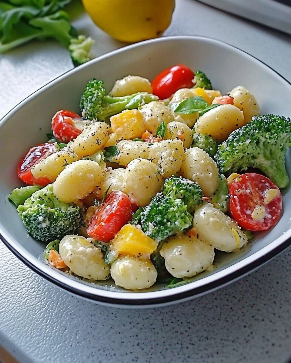 Leichter Gnocchi-Salat mit frischem Gemüse und aromatischen Kräutern.