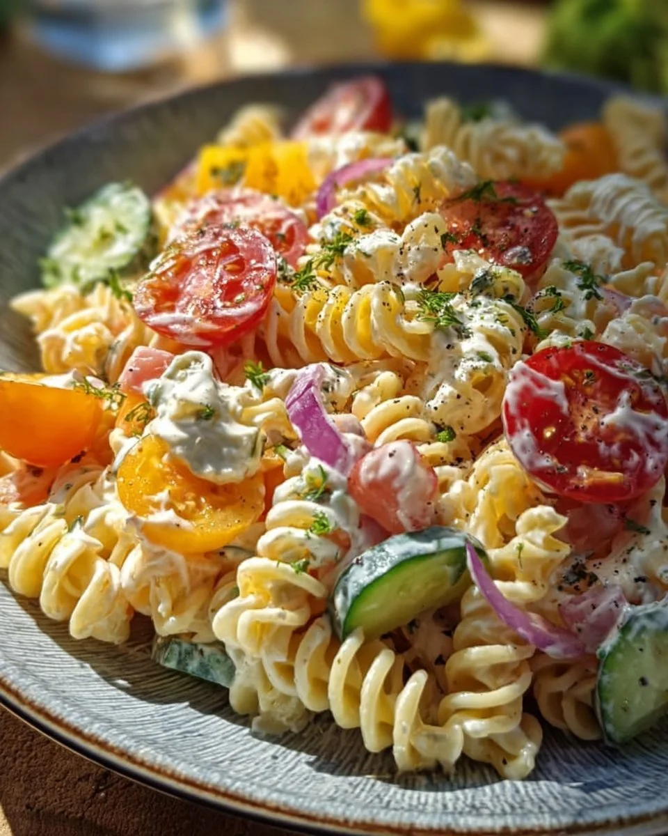 Leichter Nudelsalat mit Joghurt-Dressing in einer bunten Schüssel