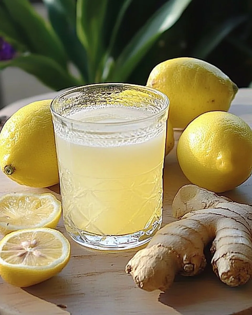 Flasche Limonen-Ingwer-Likör auf einem Holztisch mit frischen Limetten und Ingwer