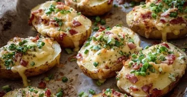Lorraine gefüllte Kartoffeln mit Käse und Kräutern, serviert auf einem Teller.